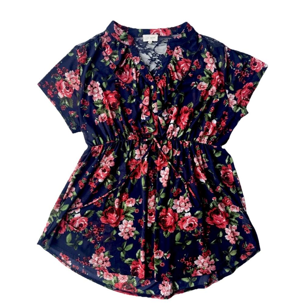 Ivy Rose Women's Plus 2X Blue Floral V-Neck Short Sleeve Button Ruffle Blouse